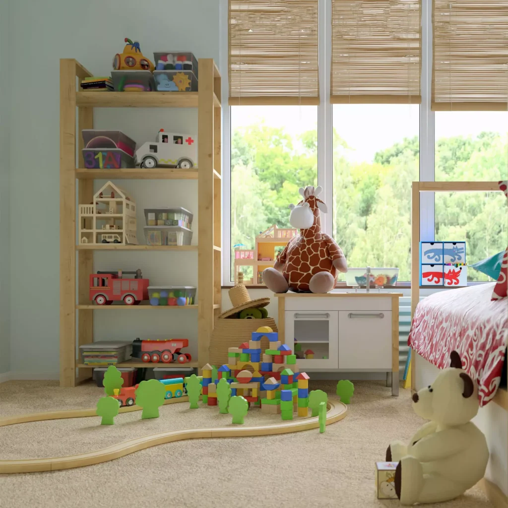 Kinderzimmer Rollos Bambus Regale Holz Bett Spielzeug Teddy