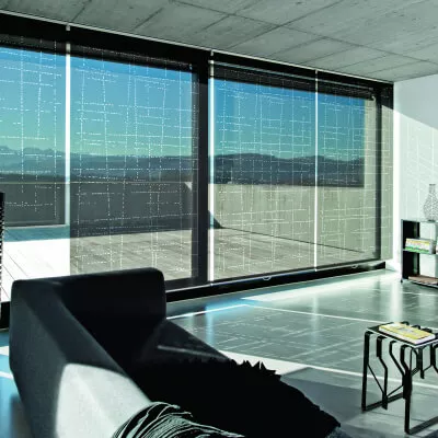 Ein Wohnzimmer mit transparenten Rollos in modernem schwarzem Liniendesign vor einer großen Fensterfront.
