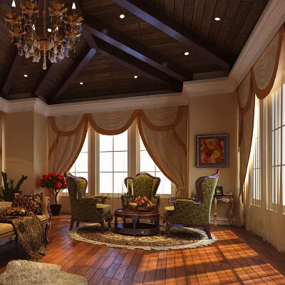 Beige Fensterdekorationen im klassischen Stil mit Bögen, Schärpen, Raffhaltern und Bordüren in einem repräsentativen Salon.